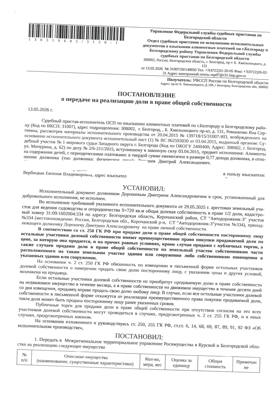 1/2 доля в праве общей долевой собственности на земельный участок площадью 720 кв. м, кадастровый номер 31:09:1602004:334. Имущество обременено: арест, запрещение регистрации. Имущество принадлежит на праве собственности Дорошеву Д.А. Грани